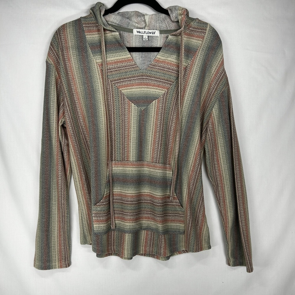 2000s Wallflower Striped Waffle Knit Hoodie Baja Pullover Aztec Boho Top L